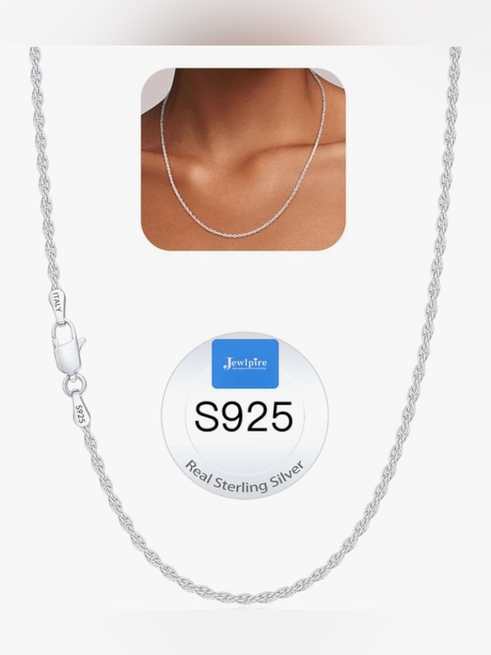 Sterling Silver S925 Rope Chain Necklace - Silver - Picture 1 of 5